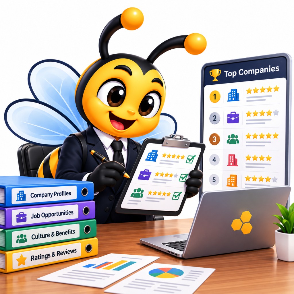 Abeja de BoomBeeJobs revisa perfiles, sueldos y calificaciones de empresas